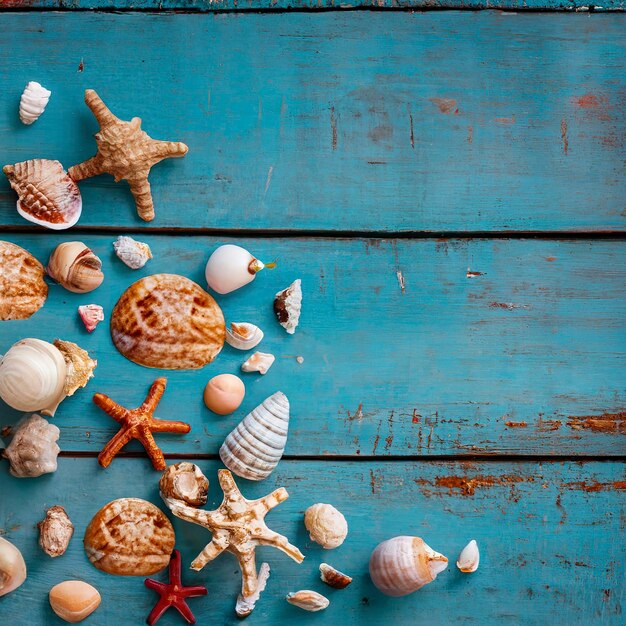 Coquillages sur fond de vacances en bois bleu avec espace de copie sur des planches de bois