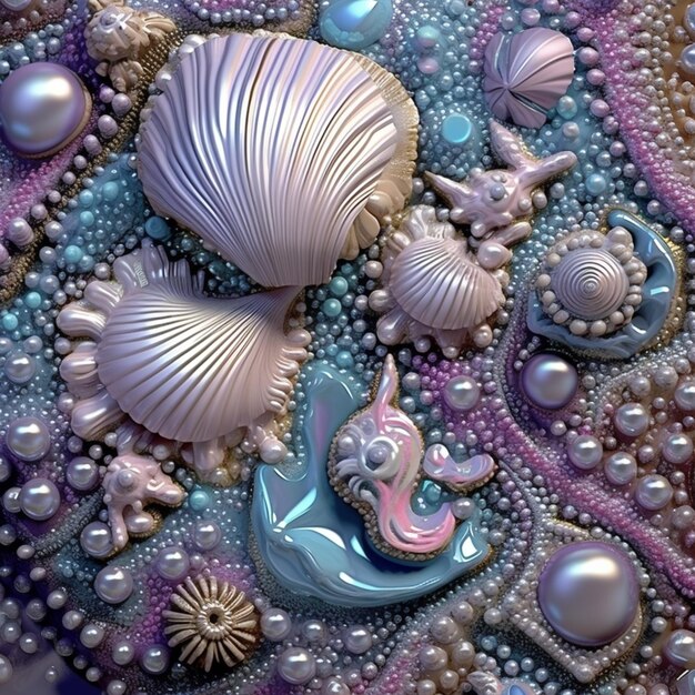 des coquillages de mer violets et bleus et des perles sont disposés sur un fond violet et bleu