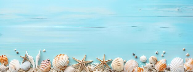 Photo coquillages, palmiers et étoiles de mer sur parquet et fond bleu