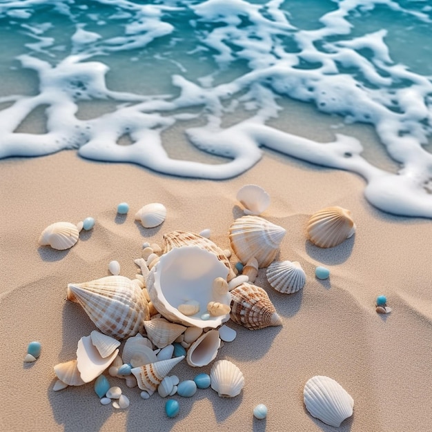 Coquillages et pierres sur la plage avec fond de vague de mer