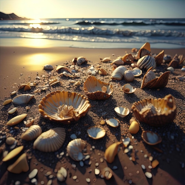 Coquillages sur la plage au coucher du soleil Composition naturelle générative ai