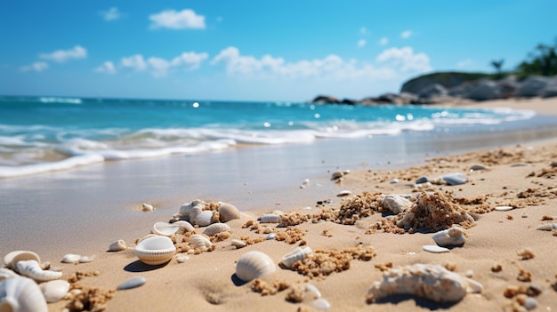 coquillages sur une plage avec un ciel bleu et de l'eau en arrière-plan