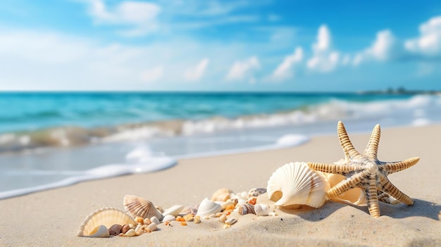 Coquillages sur la plage avec des coquillages et une étoile de mer