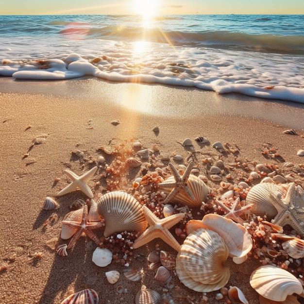 Coquillages sur la plage avec fond bleu mer et ciel