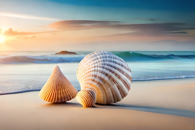 Coquillages sur la plage avec un fond de coucher de soleil