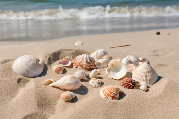 Coquillages sur la plage avec l'océan en arrière-plan