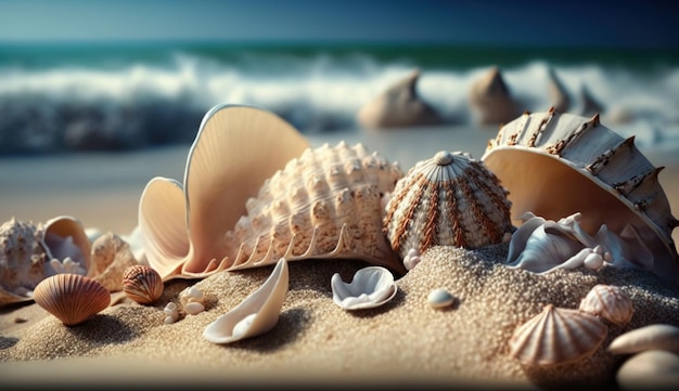 Coquillages sur une plage de sable IA générative