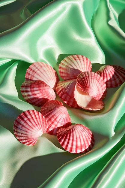 Des coquillages roses sur un fond de soie vert vibrant