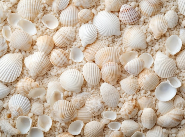 Photo coquillages sur sable arrière-plan des vacances d'été en mer avec de l'espace pour le texte créé avec la technologie d'ia générative