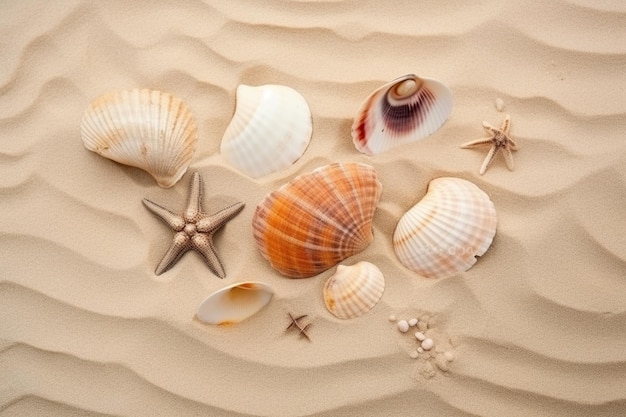 Coquillages sur le sable avec des étoiles de mer au fond