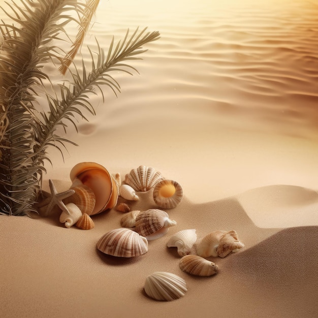 Les coquillages sont sur le sable dans le désert et le soleil se couche.