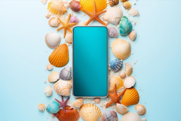 Photo des coquillages splendides, des vibrations d'été vibrantes sur une toile bleue sereine, parfaites pour votre smartphone wallpa