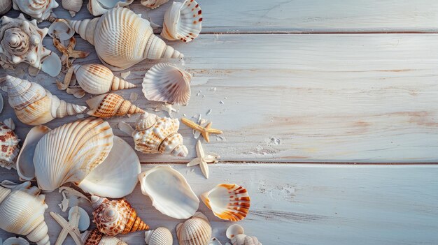 Des coquillages sur une table en bois