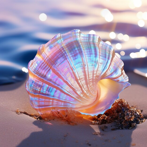 Photo coquille arafée sur le sable près de l'eau avec un ai générateur de lumière brillante