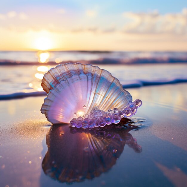 Photo coquille arrafée sur la plage avec l'eau et le coucher de soleil en arrière-plan