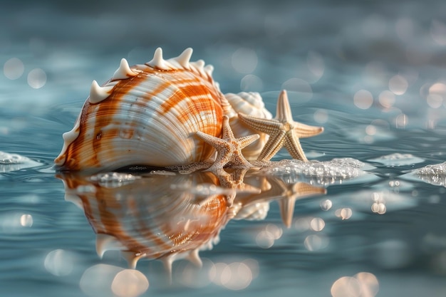 Une coquille et deux étoiles de mer flottent dans l'eau.