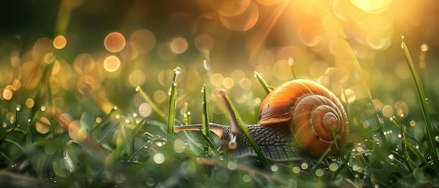 Une coquille d'escargot vibrante reflète la lumière radieuse du matin au milieu des gouttes de rosée scintillantes sur les brindilles d'herbe qui l'entourent.