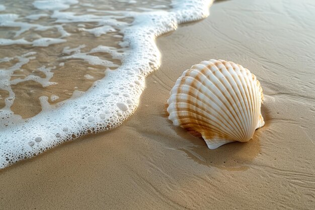 Photo une coquille est posée sur le sable près de l'eau