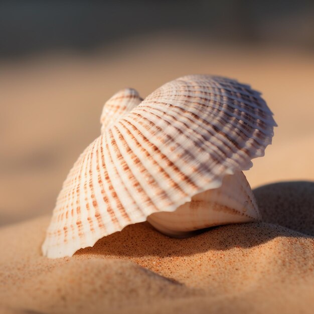 Une coquille est sur le sable avec le mot mer dessus