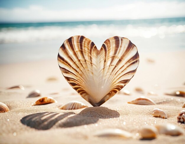 Photo une coquille en forme de cœur sur la plage