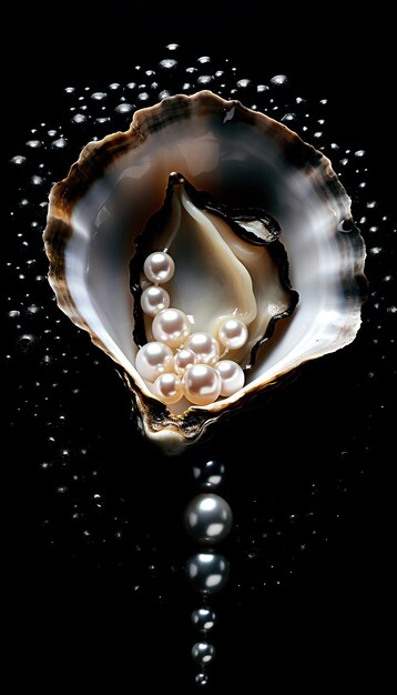 Photo coquille d'huître ouverte avec perle et caviar noir ai généré