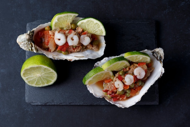 Coquille d'huître avec salade de fruits de mer et citron vert