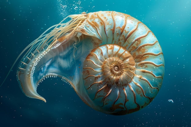 La coquille majestueuse du Nautilus nage sous l'eau avec l'éclairage du soleil l'élégance de la vie marine