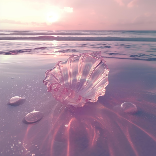 une coquille de mer avec des gouttes d'eau sur la plage