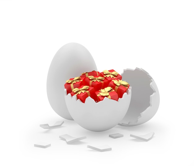 Une coquille d'œuf blanche remplie de cadeaux rouges avec un œuf entier.