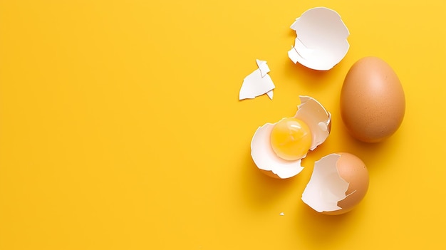 Coquille d'œuf de poulet cassée vide sur fond jaune