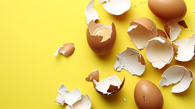 Photo coquille d'œuf de poulet cassée vide sur fond jaune