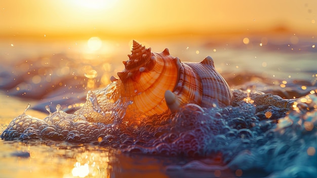 Une coquille d'or au bord de la mer étincelante