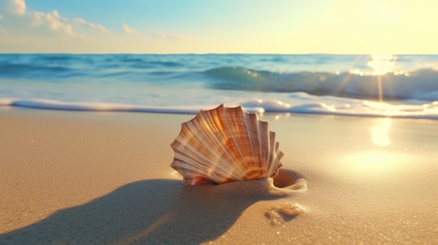 Une coquille sur une plage de sable avec l'océan en arrière-plan