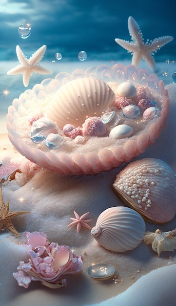 Une coquille rose avec une étoile de mer dessus.