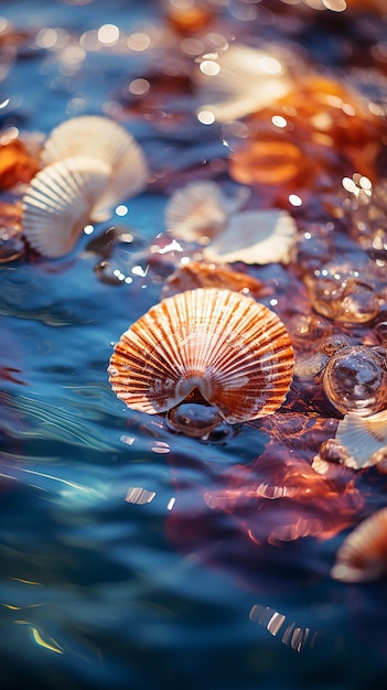 coquilles sur l'eau avec des feuilles et de l'eau en arrière-plan