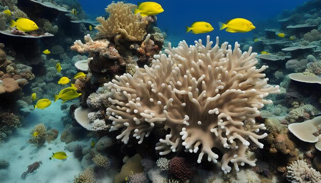 un corail avec un poisson jaune et d'autres poissons à l'arrière-plan