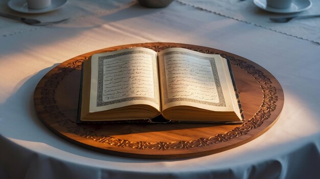 Coran ouvert sur un placemat en bois