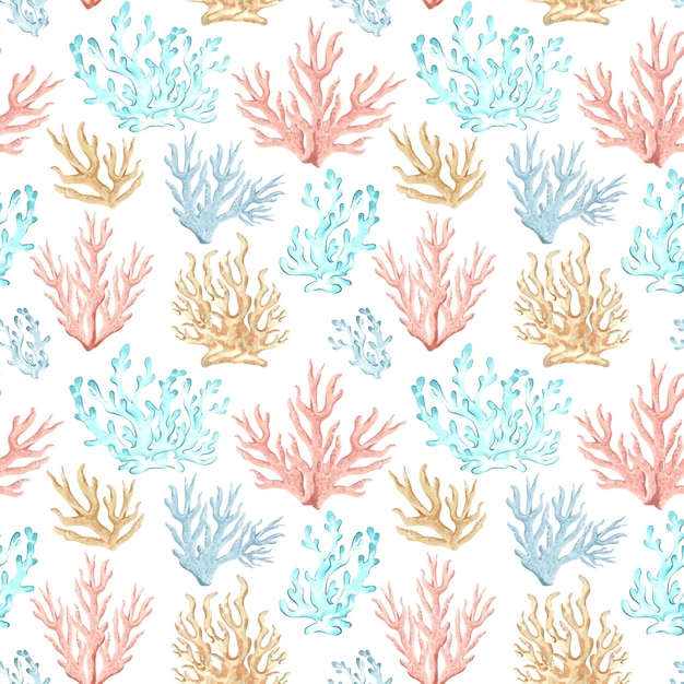 Des coraux colorés, des aquarelles, des motifs sans couture, des illustrations dessinées à la main pour des dessins nautiques.
