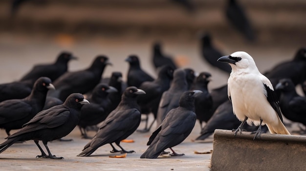 Corbeau blanc parmi les corbeaux noirs Ai Generative