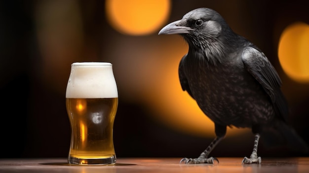 corbeau buvant une pinte de bière dans un verre