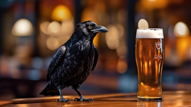 corbeau buvant un verre de bière avec un plein verre de bière.