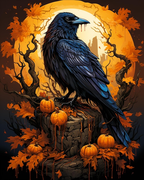 Un corbeau avec une citrouille en arrière-plan de la fête d'Halloween