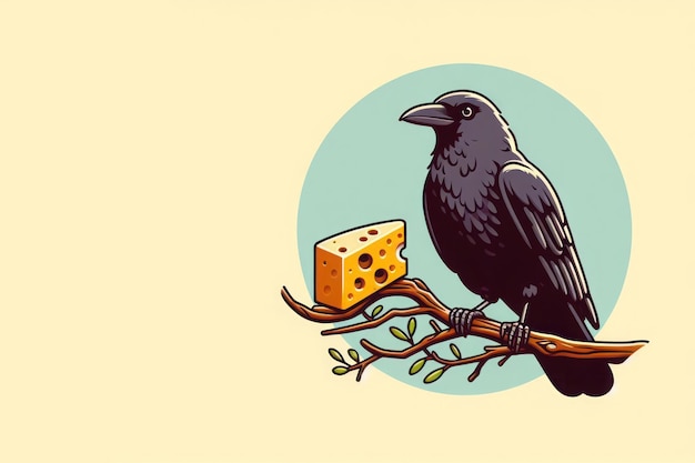 Photo un corbeau avec du fromage assis sur une branche espace pour le texte