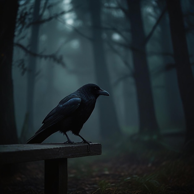 Photo un corbeau est assis sur un banc de bois dans les bois