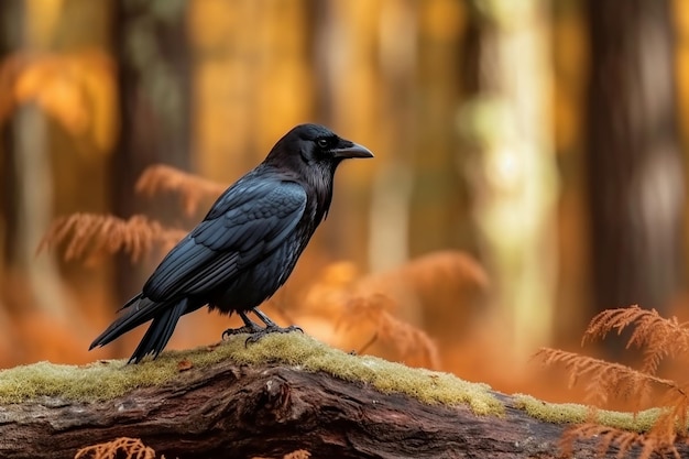 Un corbeau est assis sur une branche dans une forêt.
