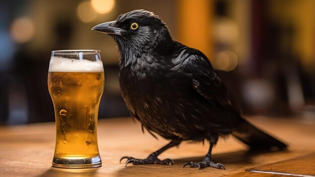 un corbeau est assis à côté d’un verre de bière plein.