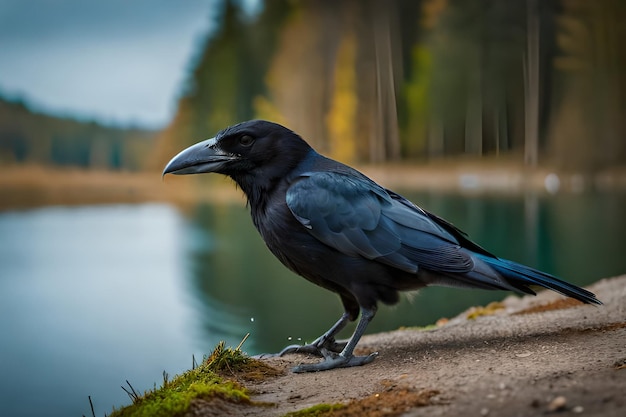 Un corbeau est assis sur un rebord devant un lac