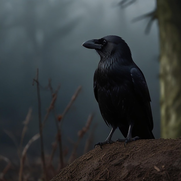 un corbeau est assis sur un rocher dans les bois