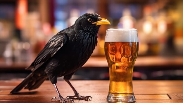 un corbeau est assis sur une table à côté d’un plein verre de bière.