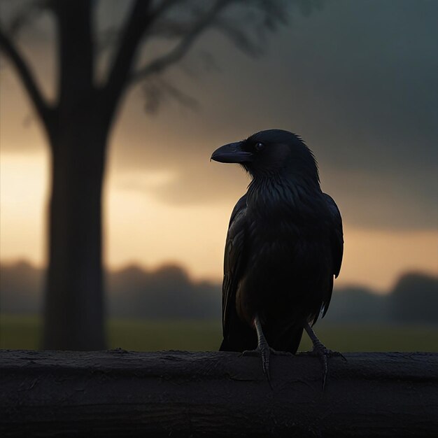 Photo un corbeau est debout sur une bûche devant un arbre